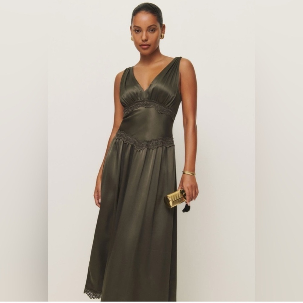 NWOT Reformation Stasia Silk Dress in Olive